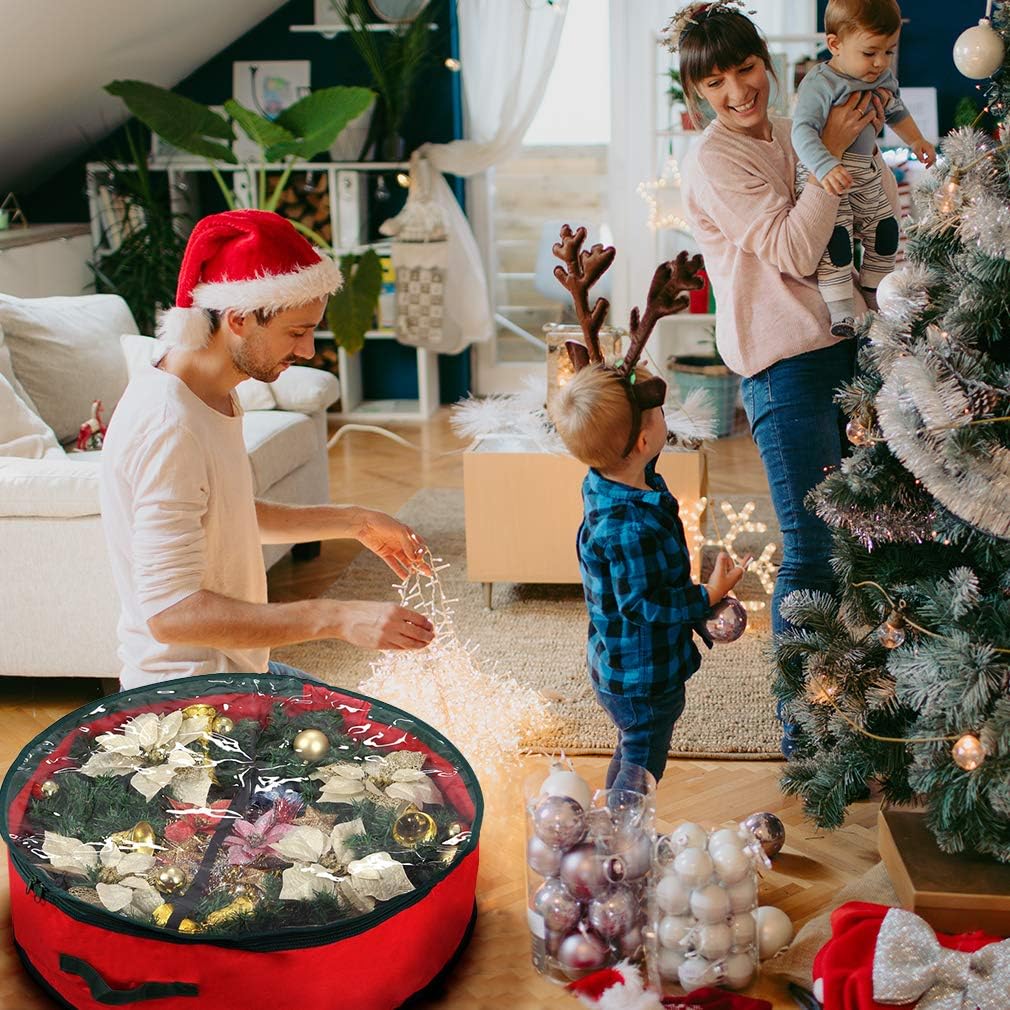 Primode Christmas Wreath Storage Bag - 30" Garland Container with Clear Window for Easy Holiday Organization - Durable 600D Oxford Material (Red)