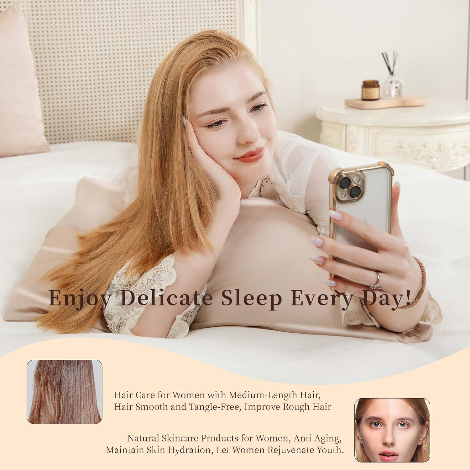 Skiennix 100% Pure Mulberry Silk Pillowcase - Cooling Dual-Sided Design for Hair & Skin | Standard 20” x 26” (Champagne)