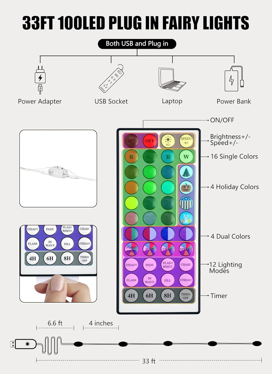 Minetom Color Changing Fairy String Lights - 33 ft, 100 LED, 24 Colors, USB Silver Wire with Remote & Timer
