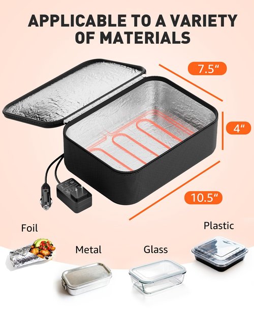 Neverwhy Portable Food Warmer - Heated Lunch Box for Adluts - Electric Thermal Lunch Bag with Buckle Handle, Heating Food Warmer Bags for 12V/24V Car & Truck, 110V/220V Home/Office, Black