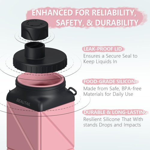 BEAUTAIL Collapsible Water Bottles, Silicone Foldable Water Bottle 610ml, BPA-Free Portable Reusable Leakproof Bottle for Gym Travel Camping Hiking Sports Outdoor, 1 Pack (Pink)