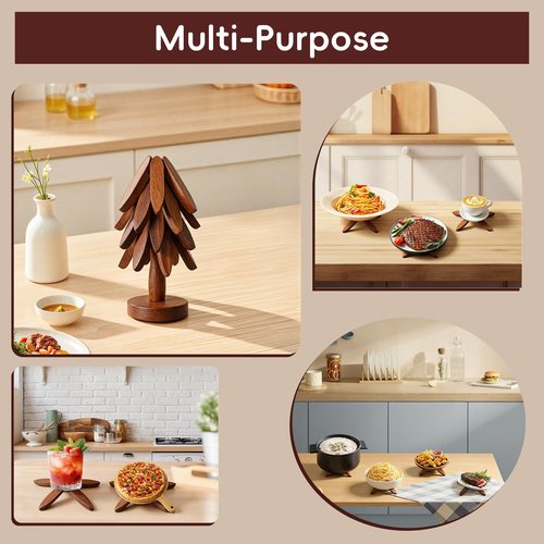 Wooden Trivets for Hot Dishes, Wooden Tree Trivet Set, Natural Tree Trivet Set - Foldable Coasters for Kitchen Counter, Hot Pots and Pans, Heat Resistant Table Protectors