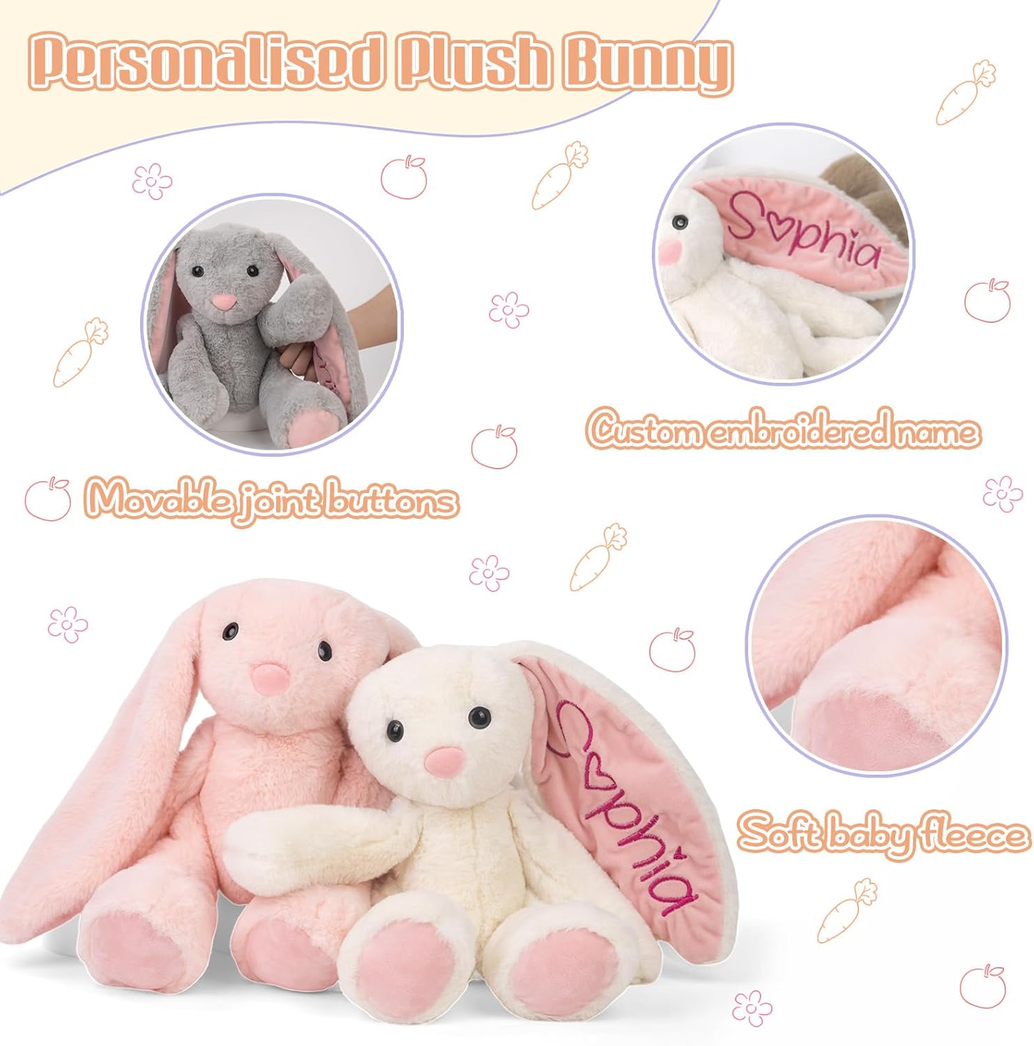 Skiennix Personalized Bunny Plush - Custom Embroidered Stuffed Animal for Babies | Perfect Gift for Toddlers