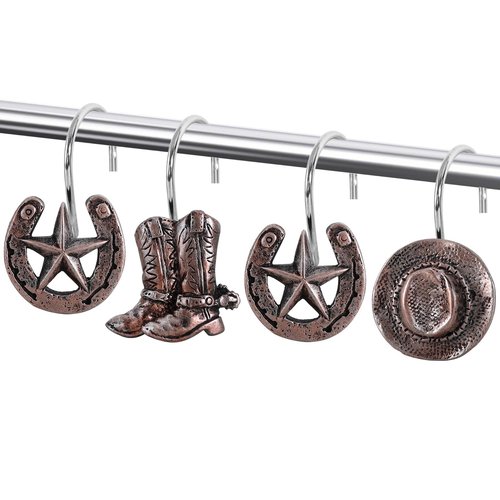 CTOHN 12-Piece Western Shower Curtain Hooks, Cowboy Stainless Steel Decorative Shower Hangers Rings for Country Farmhouse Bathroom Decor