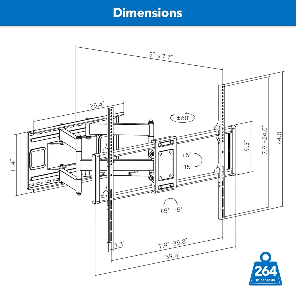 Mount-It! Heavy Duty XXL Full Motion TV Wall Mount - Supports 264lb TVs Up to 100" | Adjustable Swivel & Tilt