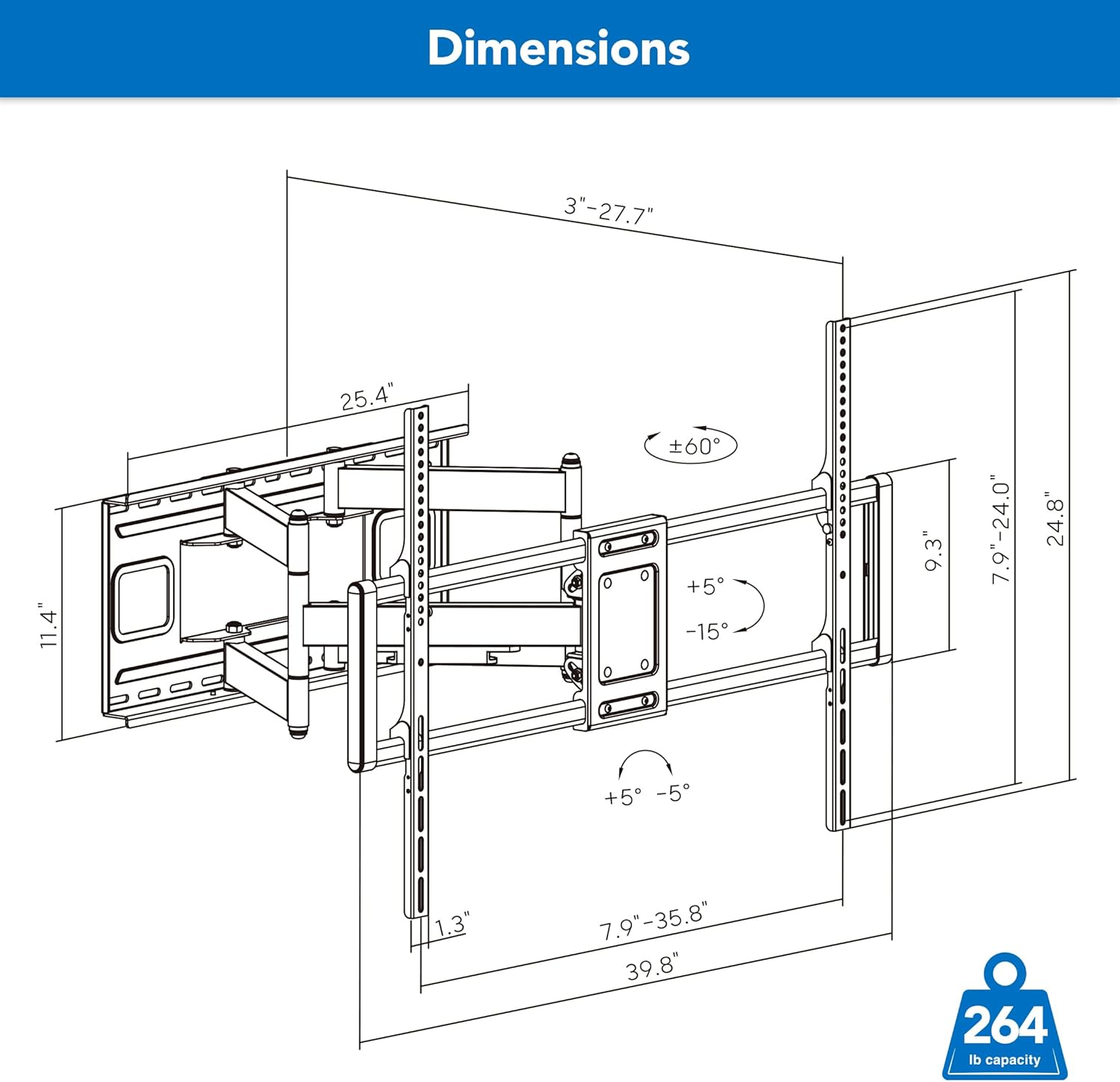 Mount-It! Heavy Duty XXL Full Motion TV Wall Mount - Supports 264lb TVs Up to 100" | Adjustable Swivel & Tilt