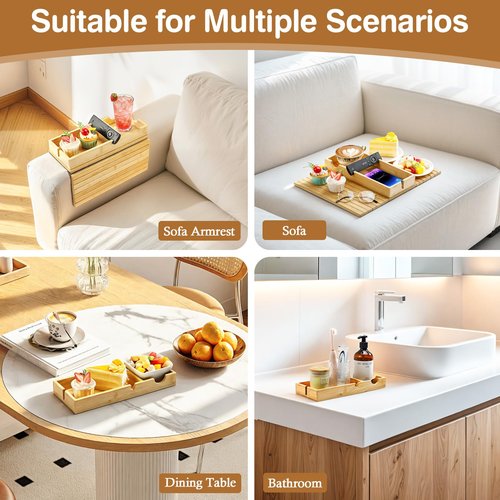 Luxspire Couch Armrest Table, 2-in-1 Magnetic Detachable Sofa Arm Tray with Cup Holder and Phone Holder, Foldable Bamboo Couch Cup Holder for Remote Controls, Phones, Snacks, Cups, Burlywood