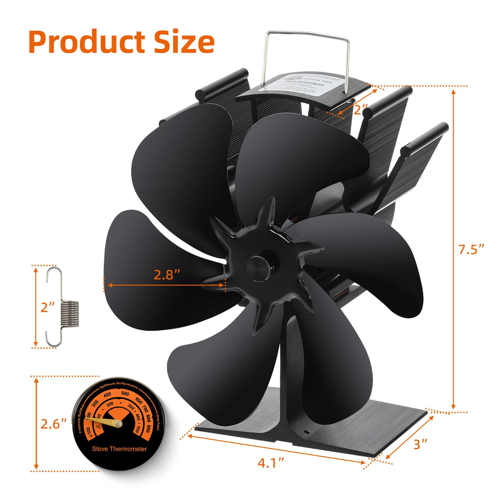 TCFUNDY 6 Blades Heat Powered Wood Stove Fan Fireplace Fan Non Electric for Wood Burning Stove/Pellet/Log, Heat Powered fan, Silent Operation, With Magnetic Thermometer, Black