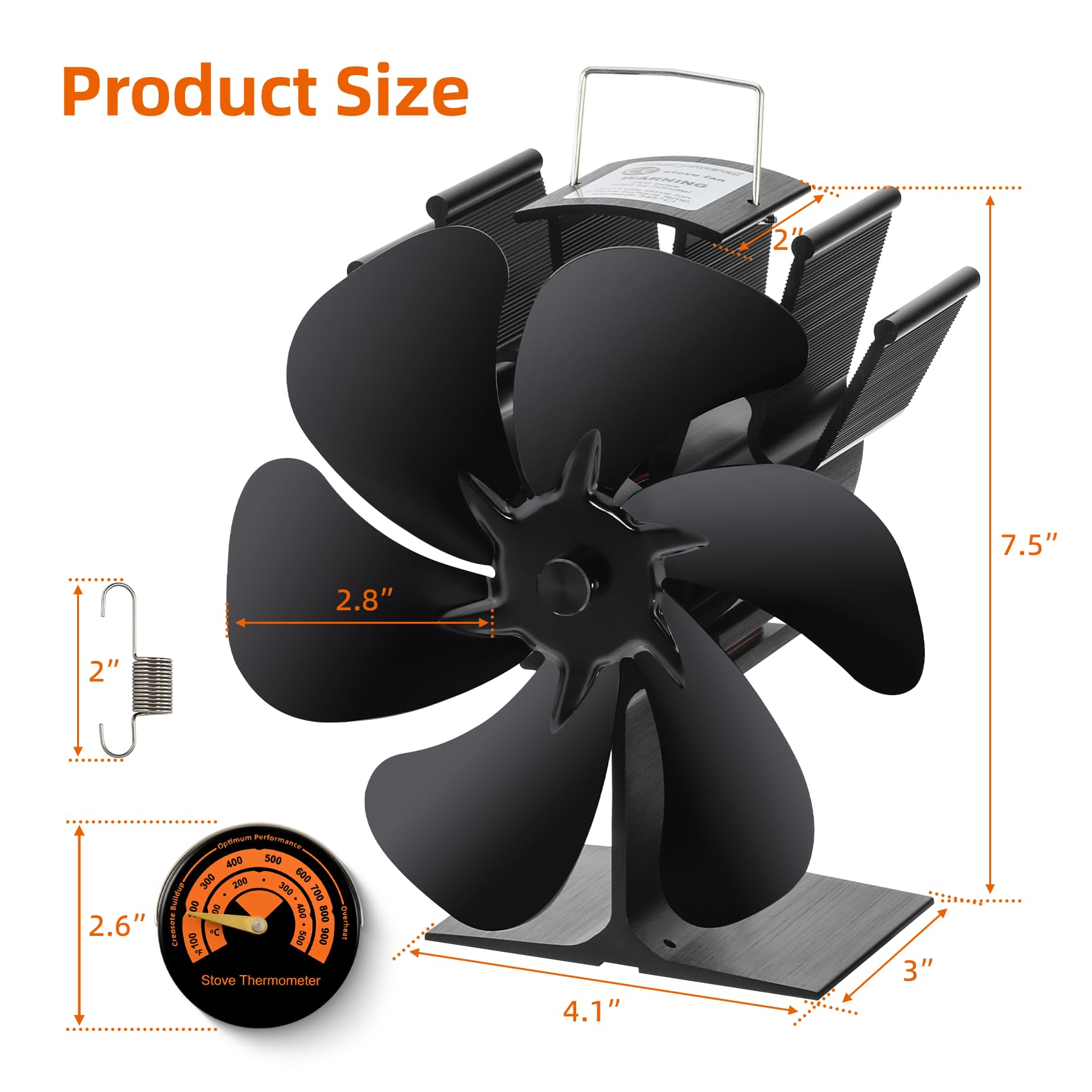 TCFUNDY 6 Blades Heat Powered Wood Stove Fan Fireplace Fan Non Electric for Wood Burning Stove/Pellet/Log, Heat Powered fan, Silent Operation, With Magnetic Thermometer, Black