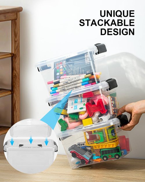 EOENVIVS Plastic Storage Bins - 7 Quart Stackable Organizer with Lids & Buckle-Up Latches | Clear, 6-Pack