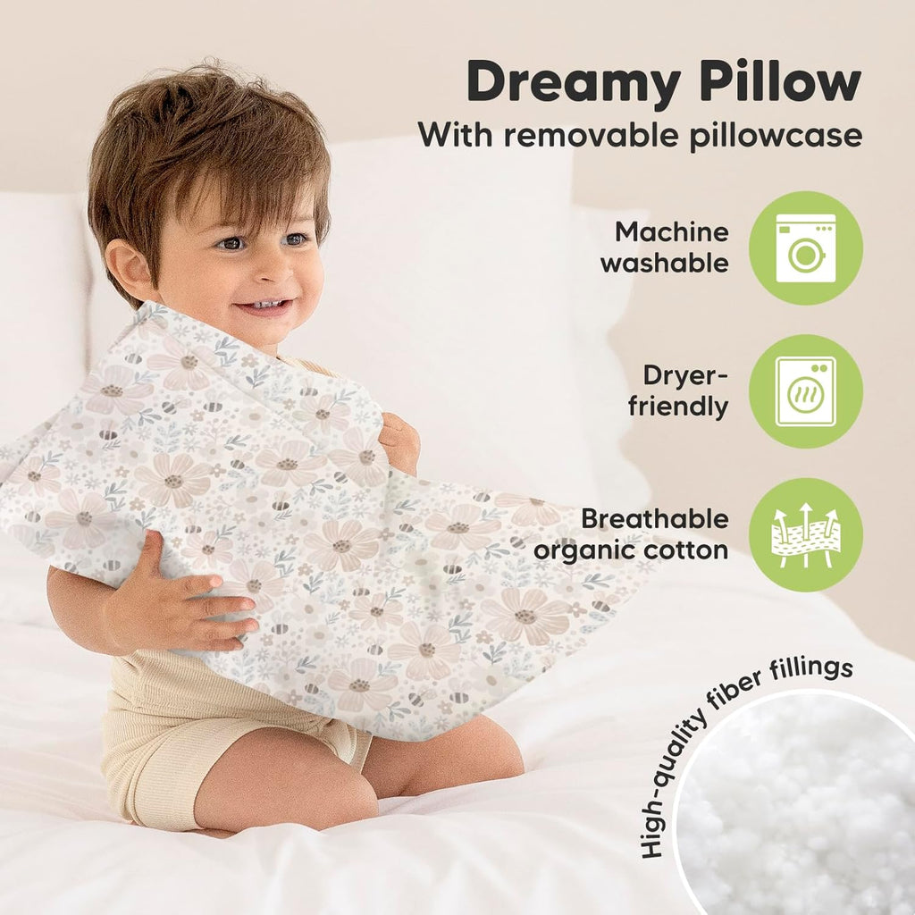My Little Dreamy Toddler Pillow - Organic Cotton Travel Bed Pillow with Soft, Breathable Pillowcase | 13x18 Inches for Ages 2-5 (Flora Vale)
