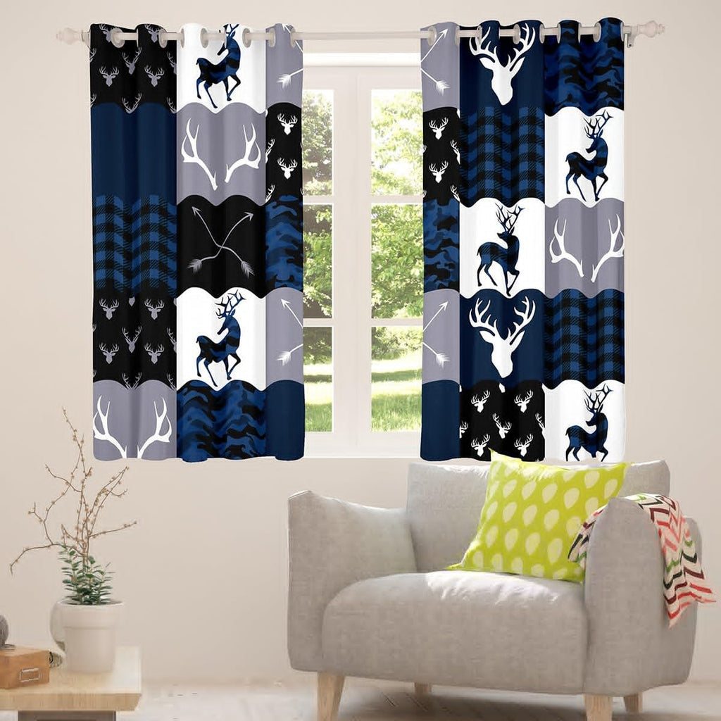 Camo Deer Antlers Blackout Curtains,Geometric Plaid Patchwork Window Drapes for Kids Teens Girls Boys,Boho Arrow Xmas Blue Grey Window Treatments Grommet Top 2 Panel Set Bedroom Curtains,42Wx63L inch