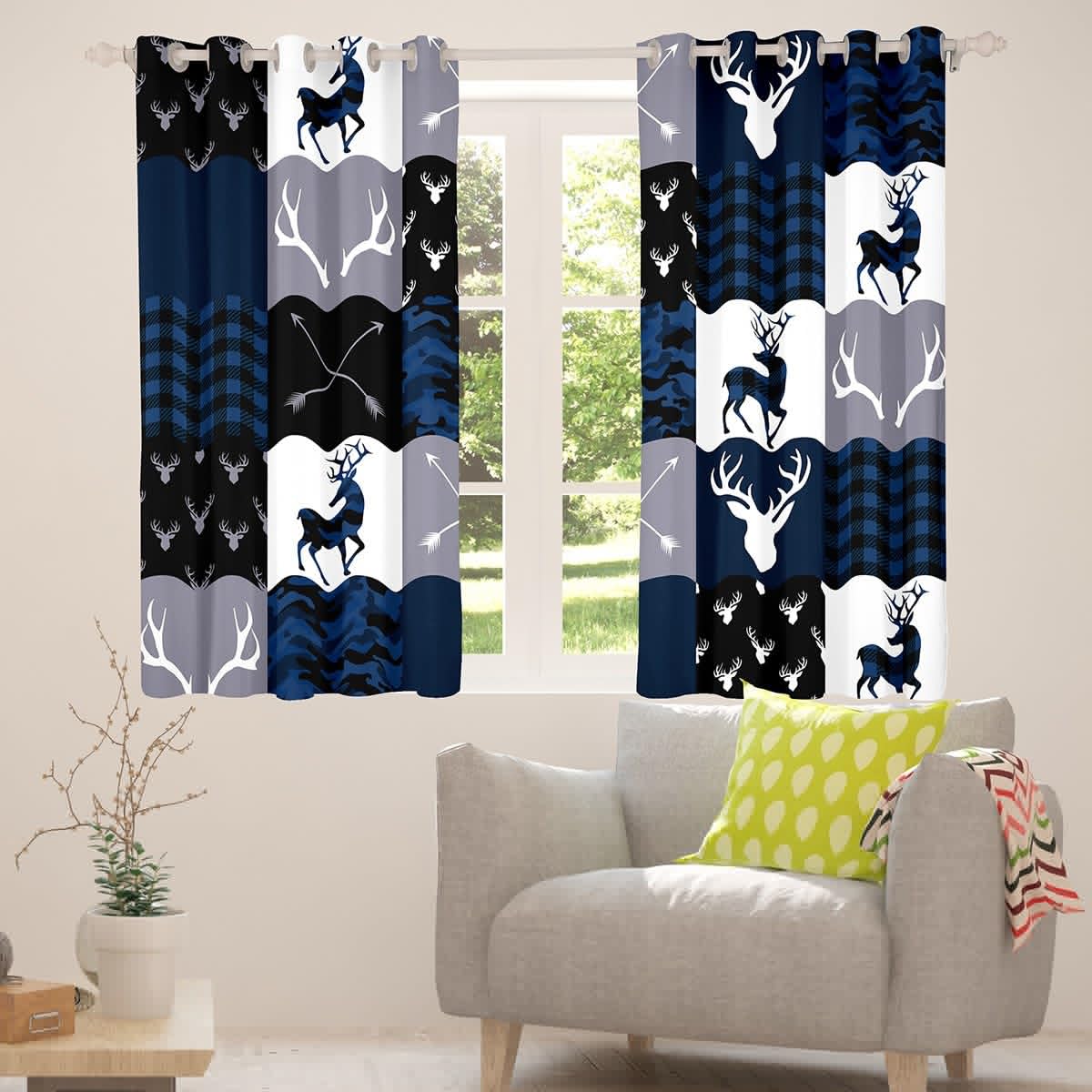 Camo Deer Antlers Blackout Curtains,Geometric Plaid Patchwork Window Drapes for Kids Teens Girls Boys,Boho Arrow Xmas Blue Grey Window Treatments Grommet Top 2 Panel Set Bedroom Curtains,42Wx63L inch