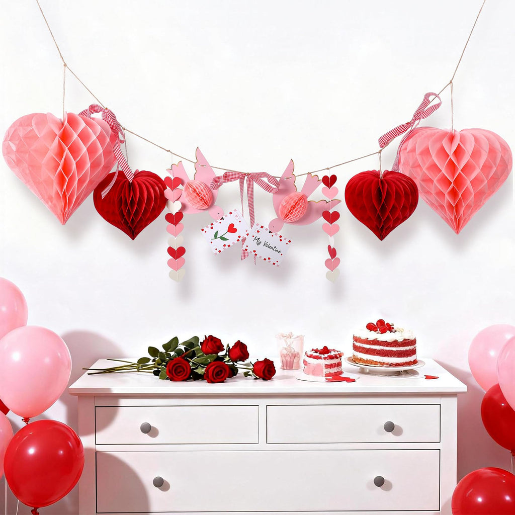 Harloon Valentines Day Garland Pink Heart Honeycomb Ball 3D Lovebird Garland Decor with Red Check Bow Romantic Pom Poms Hanging Banner for Galentines Party Wedding Engagement Birthday Home Wall Decor