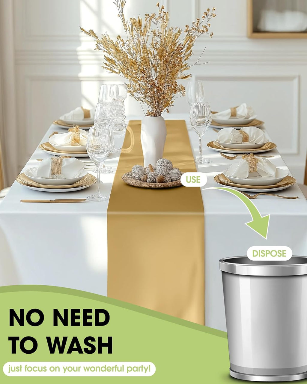Pureegg Gold Plastic Table Runners - Water Resistant & Disposable | 10 Pack, 14'' x 108'' for Weddings & Parties