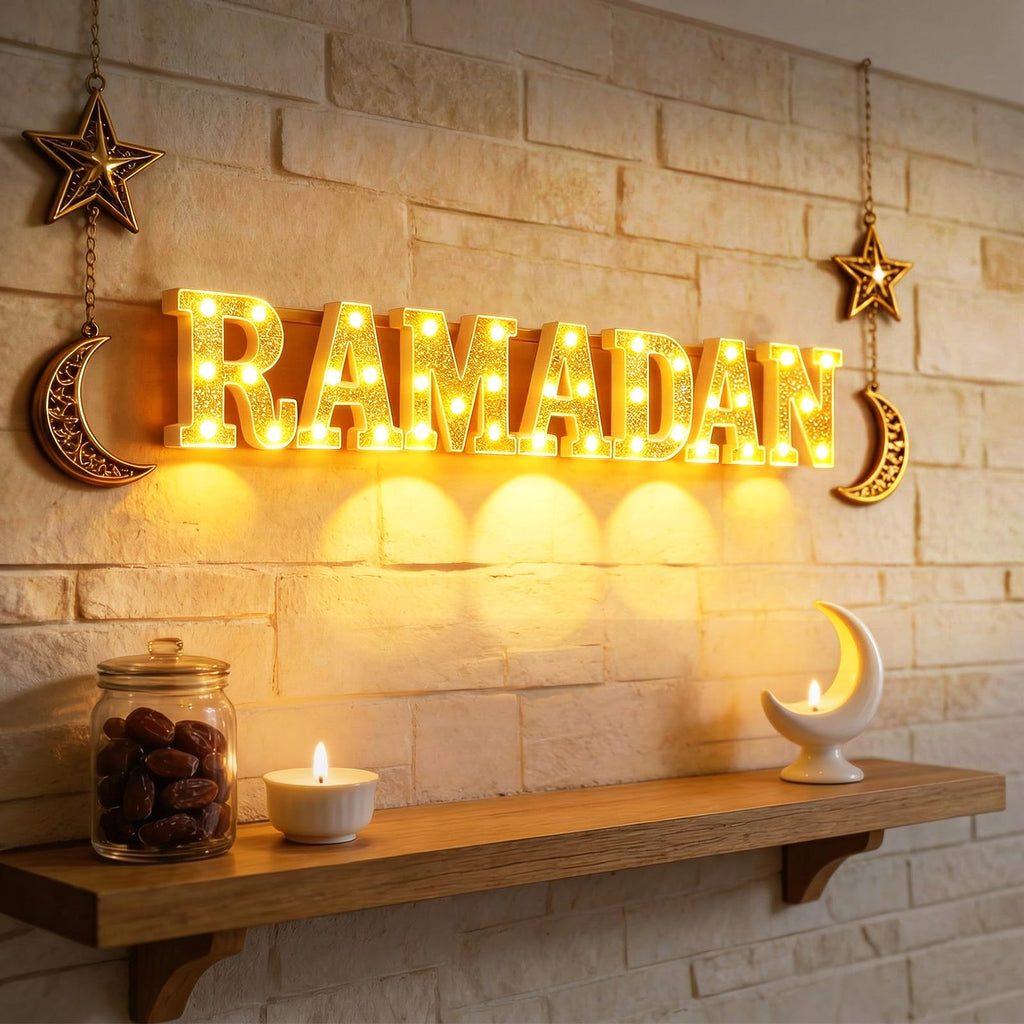 Aurelema 7 Pcs Ramadan Decorations Ramadan Large LED Letter Sign Powered Battery Light Gold Powder Surface Hanging Decor for Party Decorations Indoor Outdoor