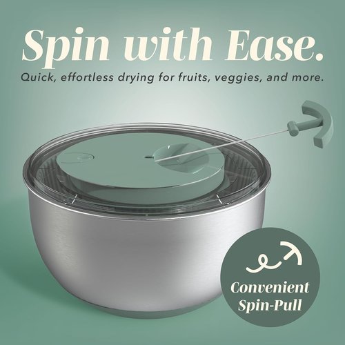 COOK WITH COLOR Stainless Steel Salad Spinner - 5 Qt. Easy Lettuce Washer & Vegetable Dryer - Non-Slip Base & Auto Stop Brake