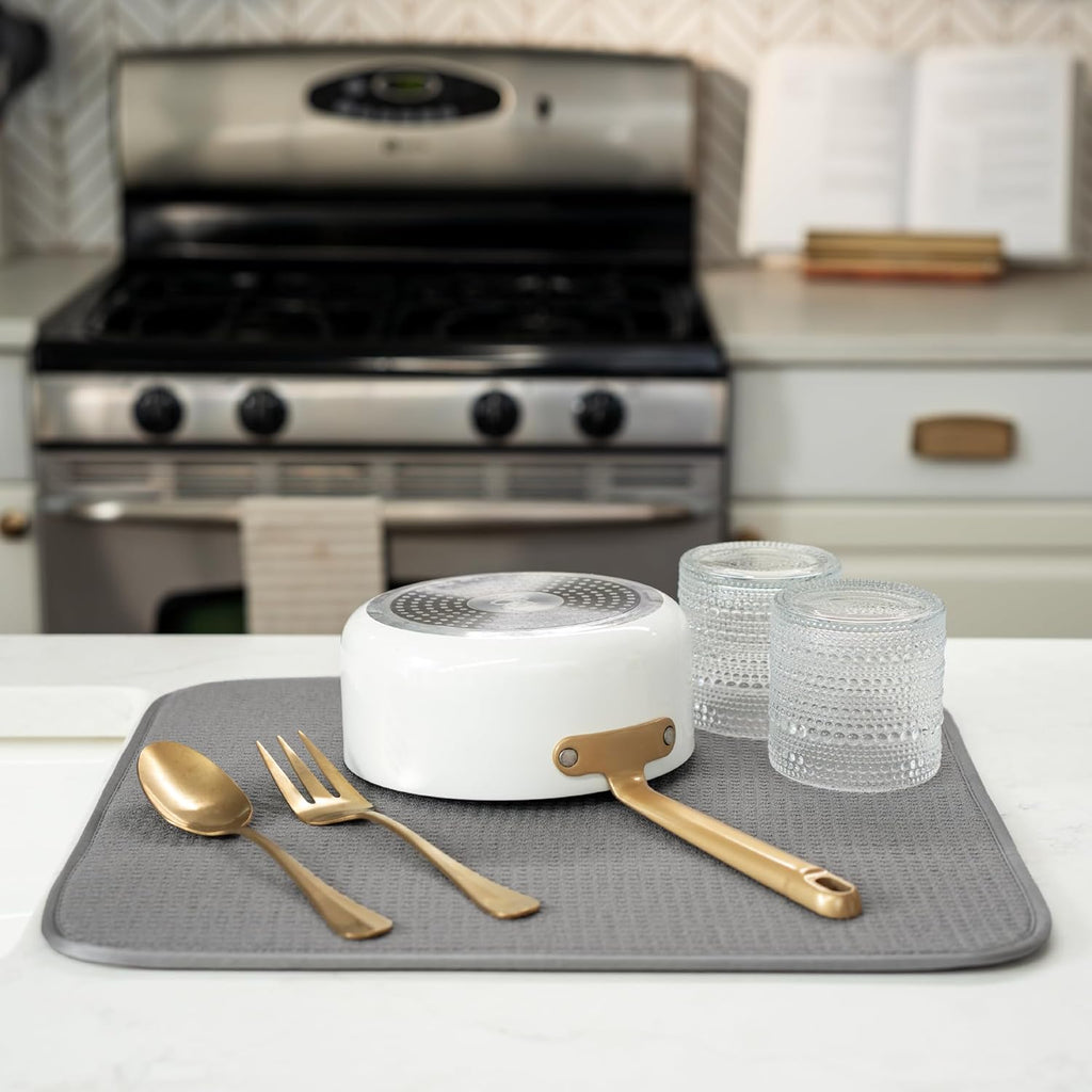 S&T INC. Dish Drying Mat - Absorbent Microfiber Kitchen Counter Pad, 16” x 18”, Large, Grey