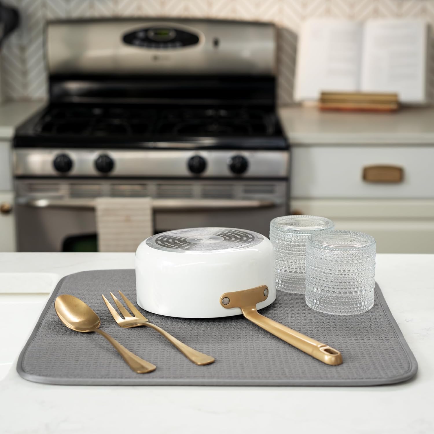 S&T INC. Dish Drying Mat - Absorbent Microfiber Kitchen Counter Pad, 16” x 18”, Large, Grey