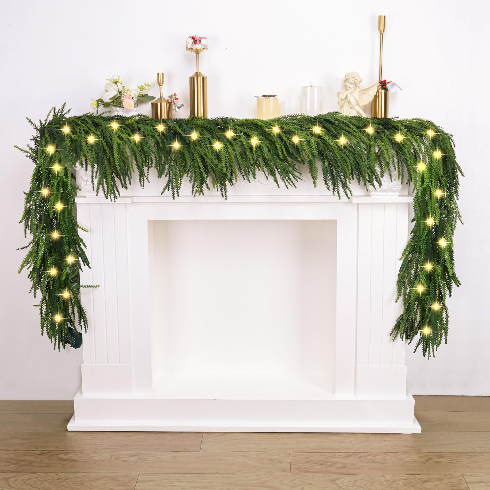 Pre-Lit Christmas Garland Decorations,9 FT Faux Led Norfolk Pine Garland Artificial Realistic, Real Touch Greenery Christmas Pine Garland for Mantle Table Front Door Indoor Outdoor Holiday Decor