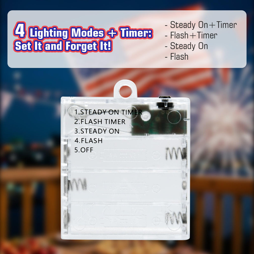 cshare Red White and Blue Fairy Lights Battery Operated, 4th of July Lights with Timer 16.4ft 50LED for 4th of July Independence Day Memorial Day Decorations