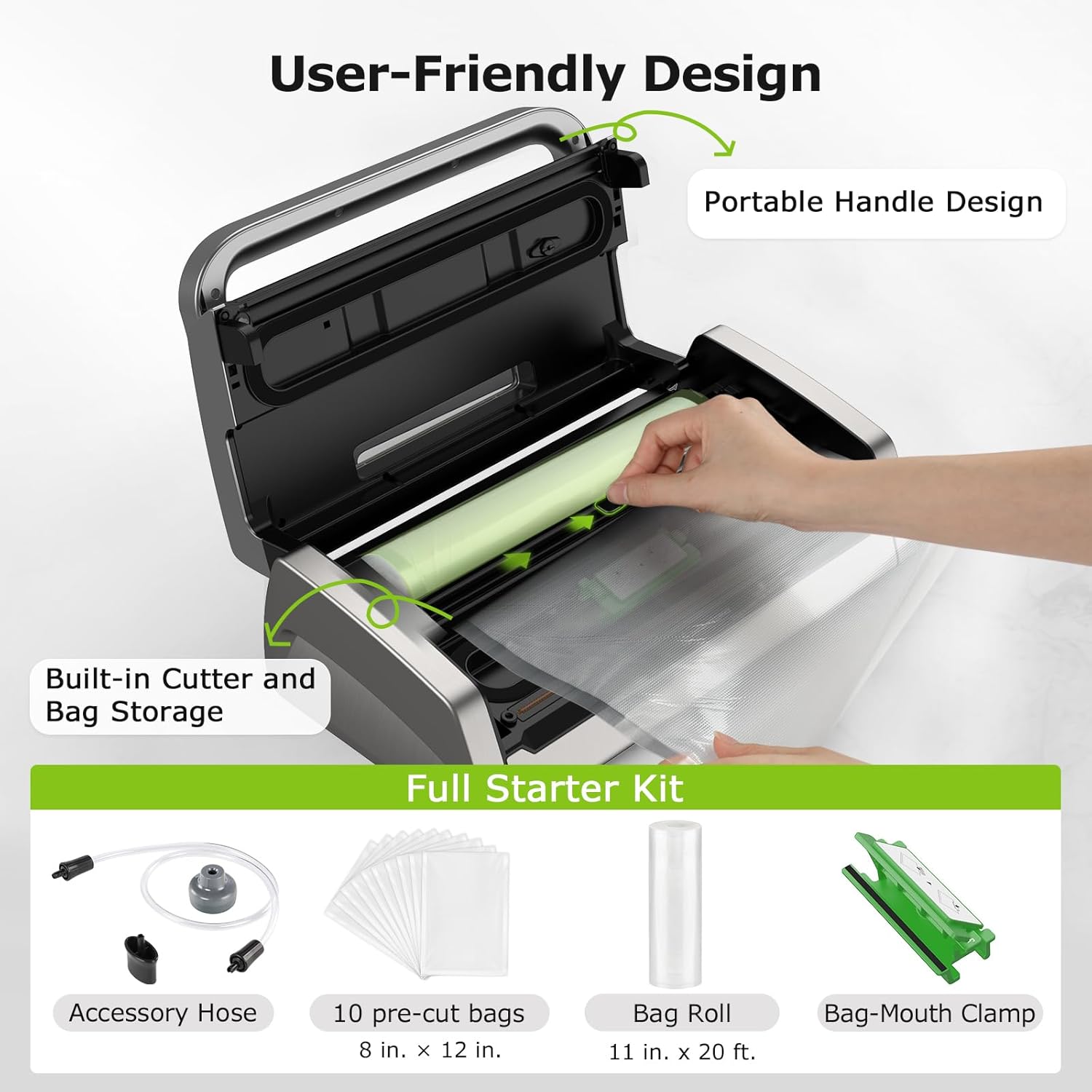 Bonsenkitchen Vacuum Sealer Machine - Powerful Low-Noise Design with Built-In Cutter & Bag Storage | Includes 1 Bag Roll & 10 Bags