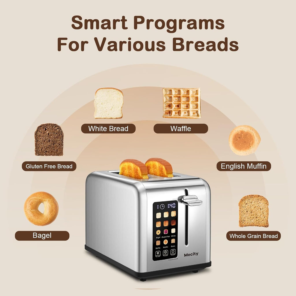 Mecity Stainless Steel 2-Slice Toaster - Touch Screen, 1.5" Wide Slot, Timer & Defrost Functions