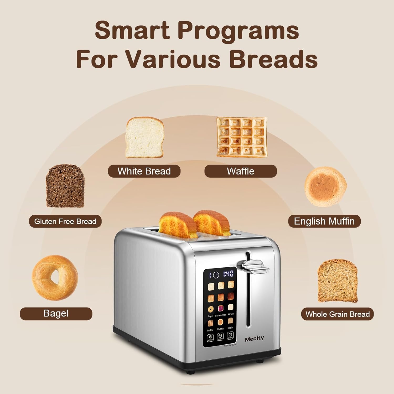 Mecity Stainless Steel 2-Slice Toaster - Touch Screen, 1.5" Wide Slot, Timer & Defrost Functions