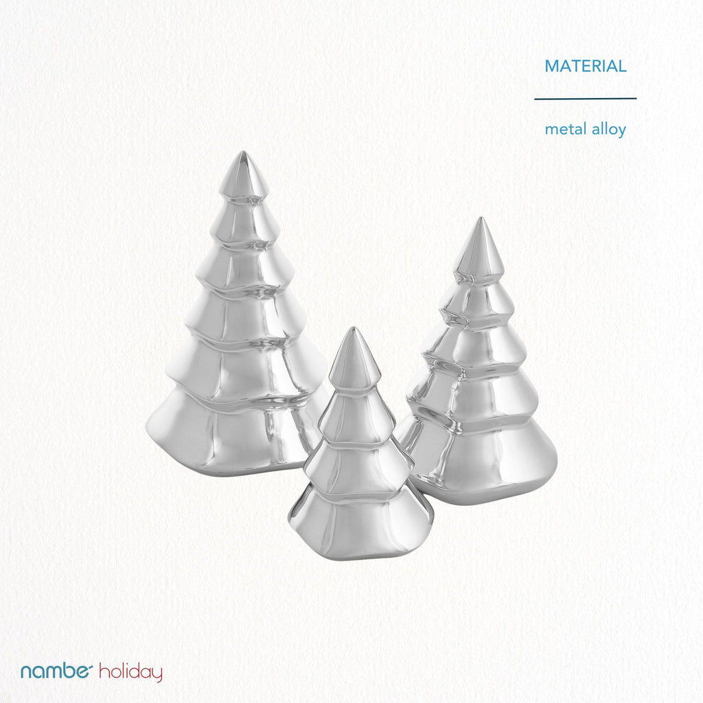 Nambé Holiday Mini Christmas Tree Set – Sculpted Alloy Design with Snowy Accents, Festive Seasonal Decoration for Mantel, Tabletop, or Shelf Display – Three Sizes, Elegant Holiday Collectibles