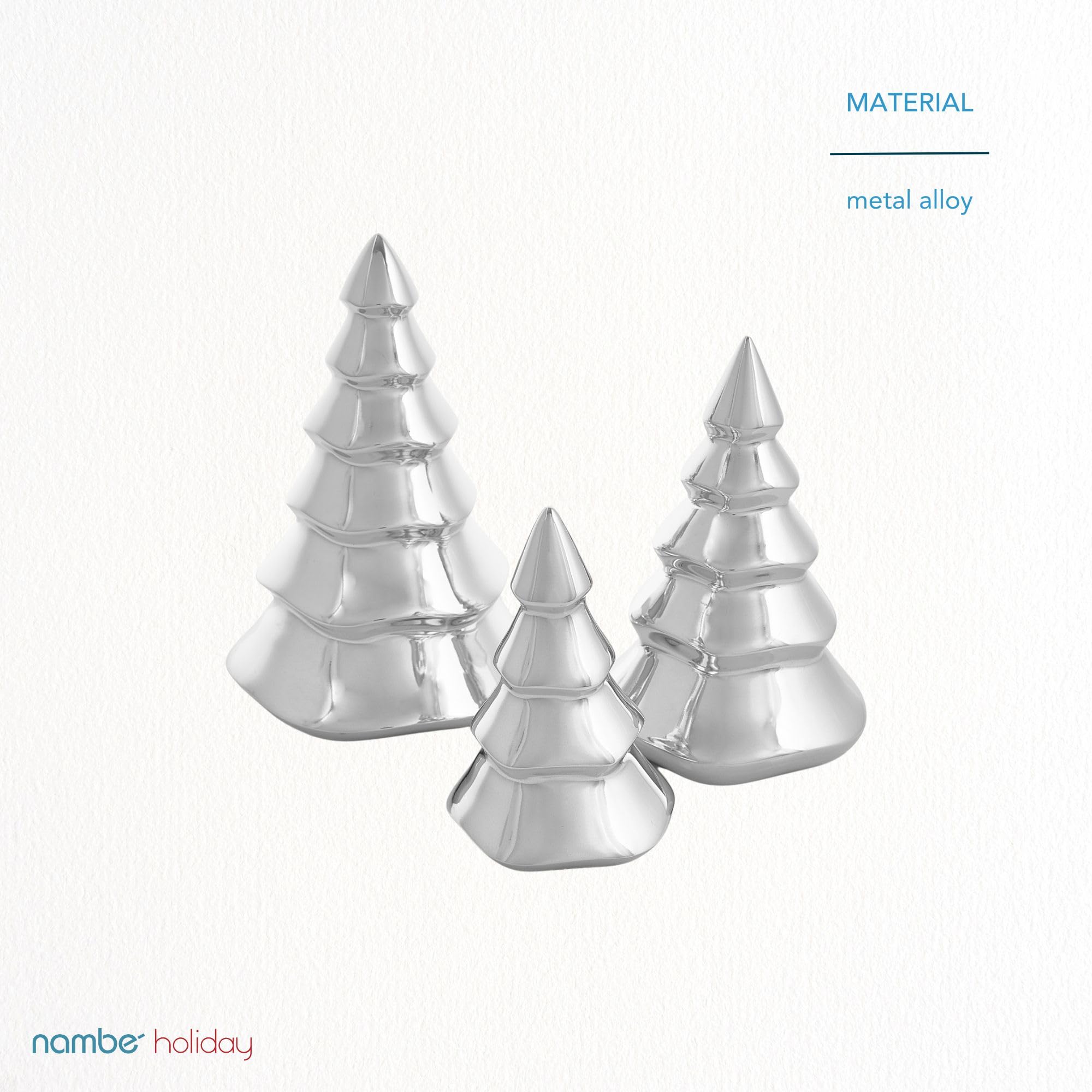 Nambé Holiday Mini Christmas Tree Set – Sculpted Alloy Design with Snowy Accents, Festive Seasonal Decoration for Mantel, Tabletop, or Shelf Display – Three Sizes, Elegant Holiday Collectibles