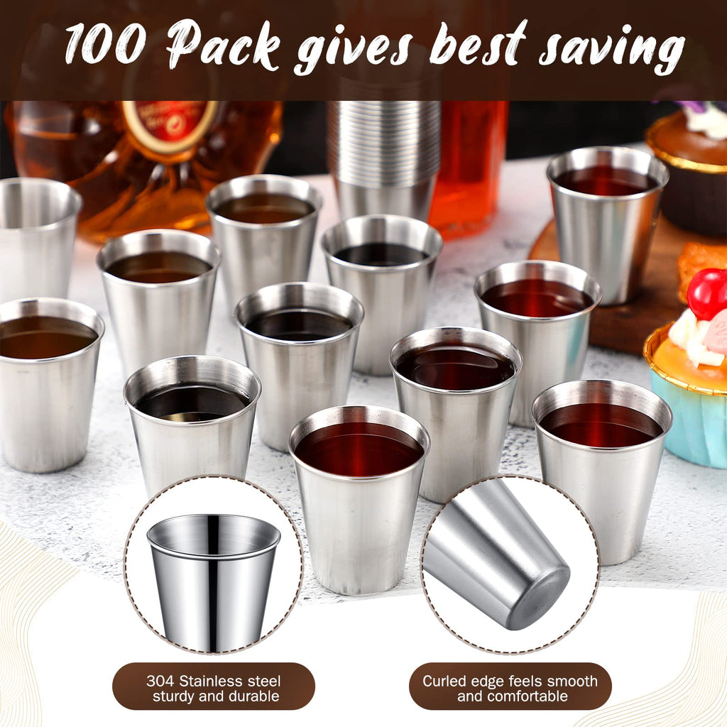 Lallisa 2 oz Stainless Steel Shot Glasses Metal Cups Small Unbreakable Shot Glass for Espresso Whiskey Bar Home Restaurant Camping Barware Gift (Silver,100 Pcs)
