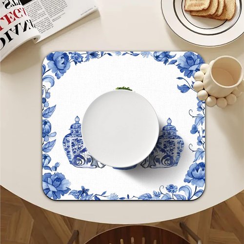Veqzc Chinoiserie Dish Drying Mat - Blue And White Porcelain Dish Drying Mat,Chinoiserie Dog Drying Mat For Kitchen Counter,Coffee Bar Mat,Vintage Chinoiserie Drying Mat,16x17.5 Inch