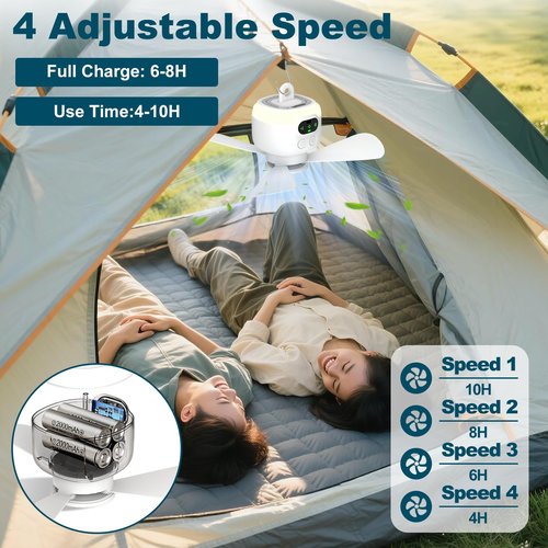 xeamun Portable Camping Fan, 10.6 Inch Tent Ceiling Fan,Rechargeable 8000mAh with Light & Hook,Timable & Auto Shut Off,Detachable Fan Blade, Used for Tent Canopy RV Porch Beach Bedroom