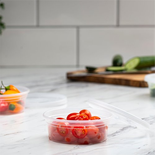 [240 Sets - 8 oz.] Clear Plastic Containers with Airtight Lids - Deli Food Storage, Slime, and More - Bulk Pack - Small Containers with Lids - 240/Case - Stack Man Brand