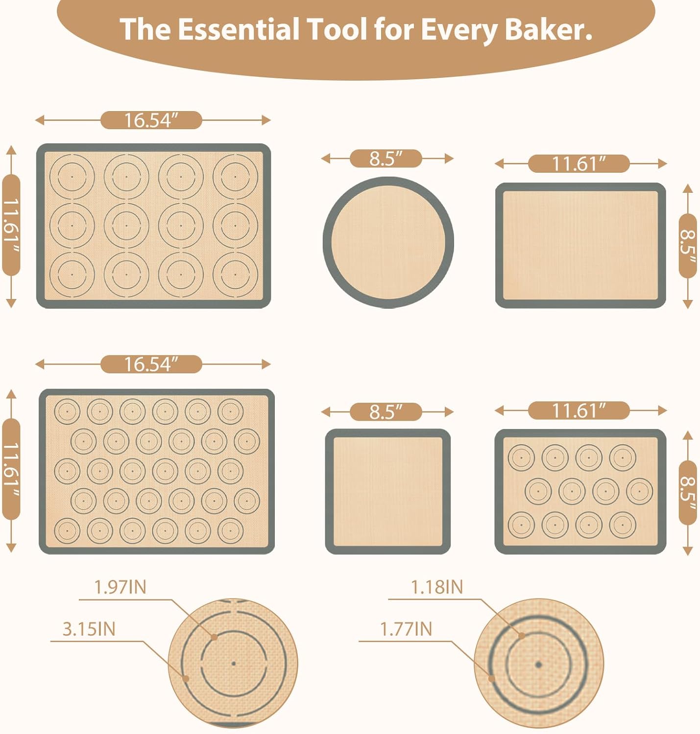 Skiennix Silicone Baking Mats Set of 6 - Non-Stick Reusable Sheets for Macarons, Cookies & More