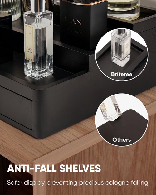 BRITEREE Cologne Organizer for Men, 3 Tier Wooden Cologne Stand with Drawer Storage and Hidden Compartment, Perfume Display Holder for Dresser, Great Gifts for Men and Women Valentine, Black