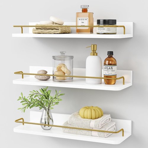 Forbena Gold Floating Shelves - Modern Wall Decor Set of 3 with Guard Rail - White and Gold
