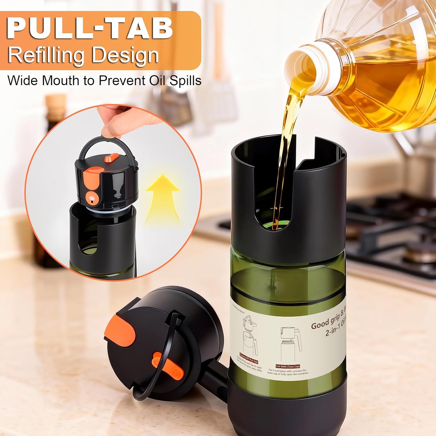 Skiennix 2-IN-1 Oil Sprayer - Light-Blocking Dark Glass Olive Oil Dispenser | 500ml/16.9oz for Cooking & BBQ