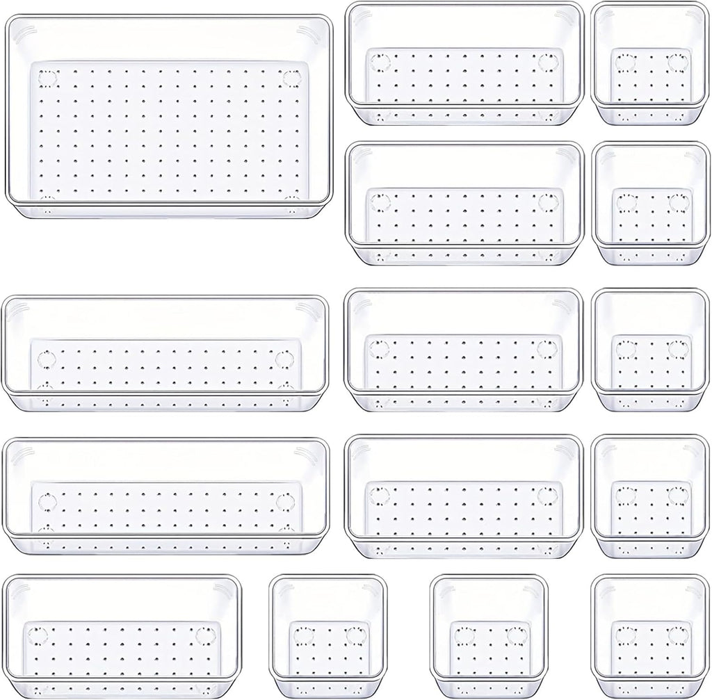 Manalete Drawer Organizers - Set of 15 Clear Plastic Storage Bins for Kitchen, Bathroom & Office