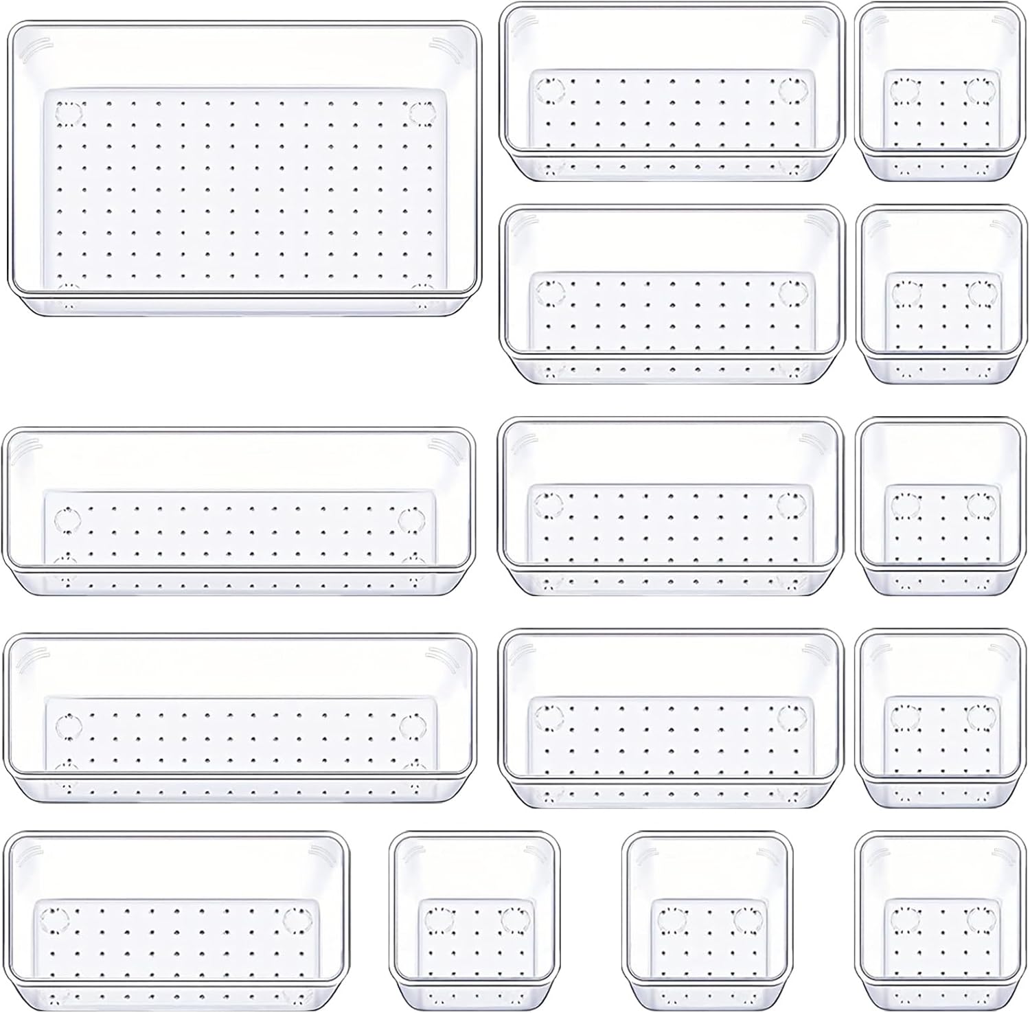 Manalete Drawer Organizers - Set of 15 Clear Plastic Storage Bins for Kitchen, Bathroom & Office