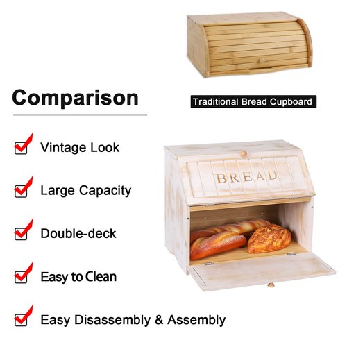 HOMEKOKO Vintage Double Layer Large Bread Box for Kitchen Counter, Retro Design Wooden Large Capacity Bread Storage Bin (White)
