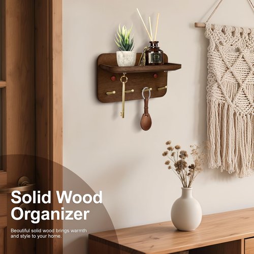 LEIRUOTM Key Holder Wall Mount, Solid Wood Key Holder for Wall with 4 Brass Hooks & Hidden Magnets, 15° Incline Hooks & Grooved Design to Prevent Slipping, Vintage Brown Key Hanger