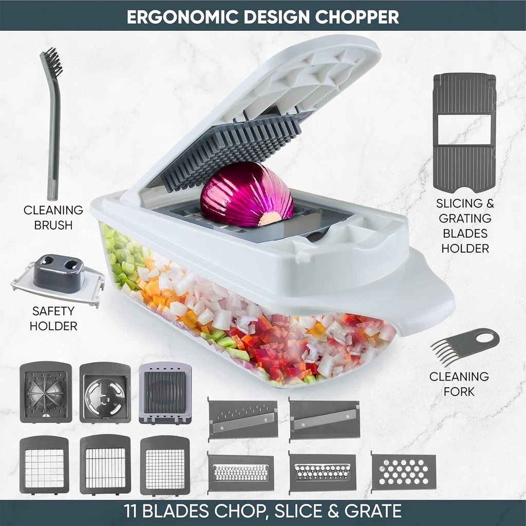 RüK Vegetable Chopper Slicer - 22-in-1 Multi-Function Mandoline Cutter with 11 Blades & Lemon Squeezer