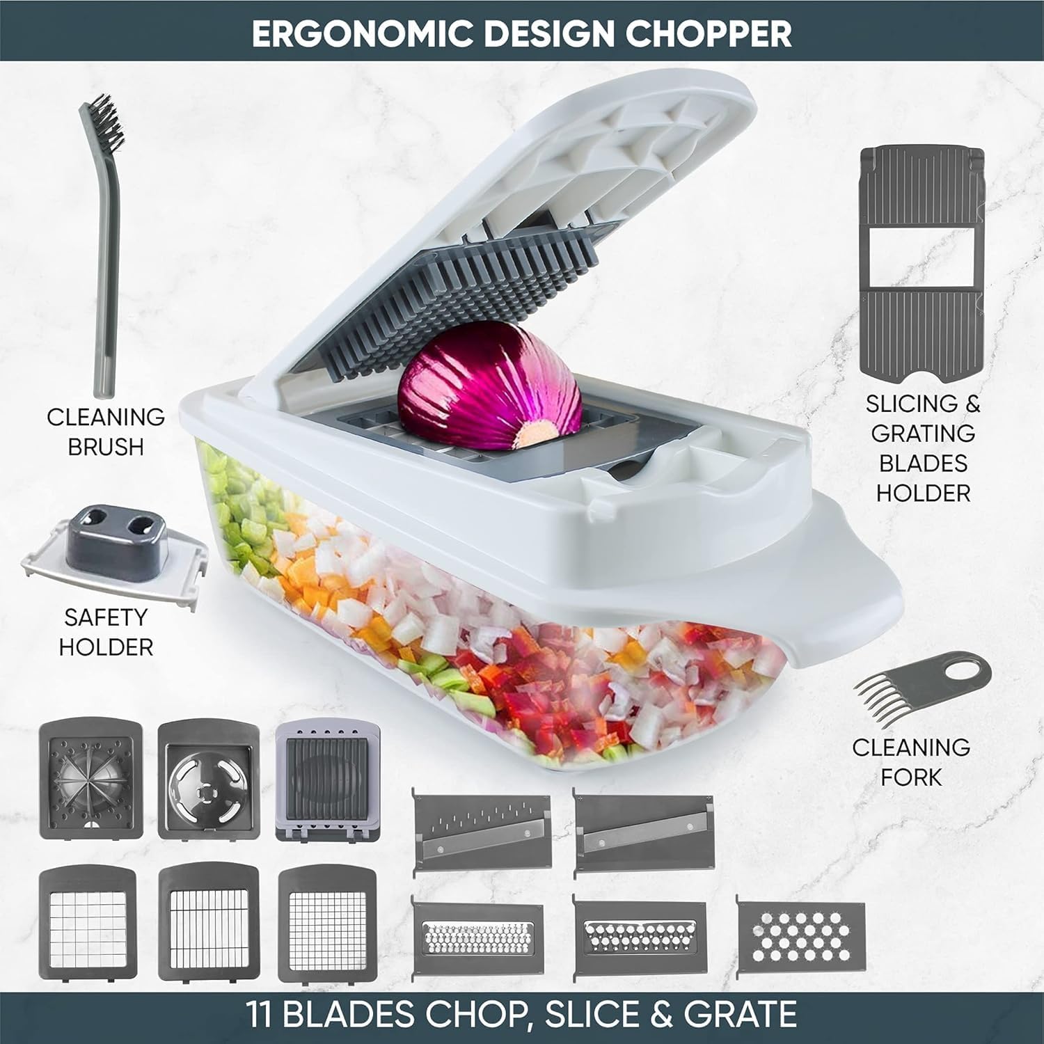 RüK Vegetable Chopper Slicer - 22-in-1 Multi-Function Mandoline Cutter with 11 Blades & Lemon Squeezer