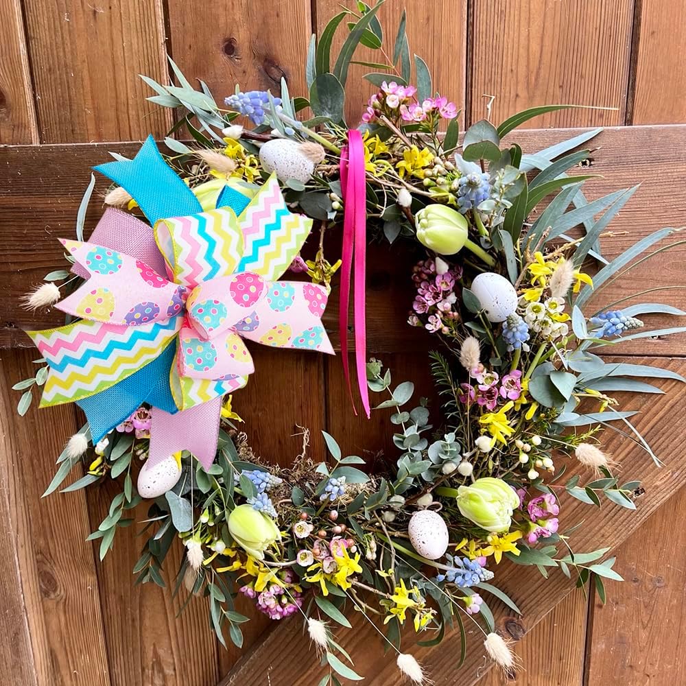 Skiennix Easter Wreath Bow - Pre-Tied Striped Wired Ribbon for Spring Decor | 10x12 Inch, Indoor/Outdoor