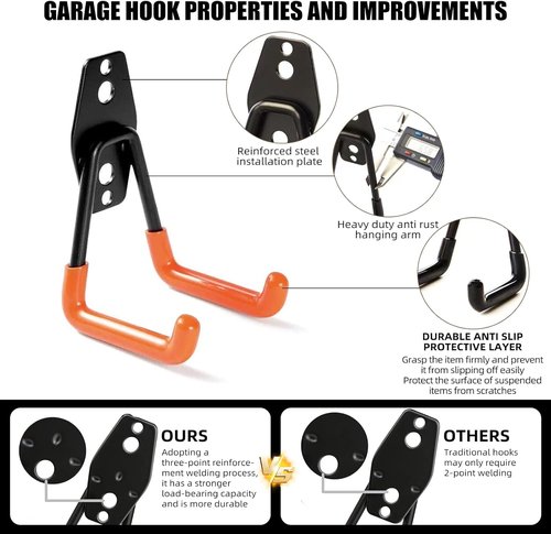 Garage Hooks by [Brand Name] - 4 Pack Heavy-Duty 7.7-Inch Square Wall Hooks for Ladders, Bikes & Tools | Black
