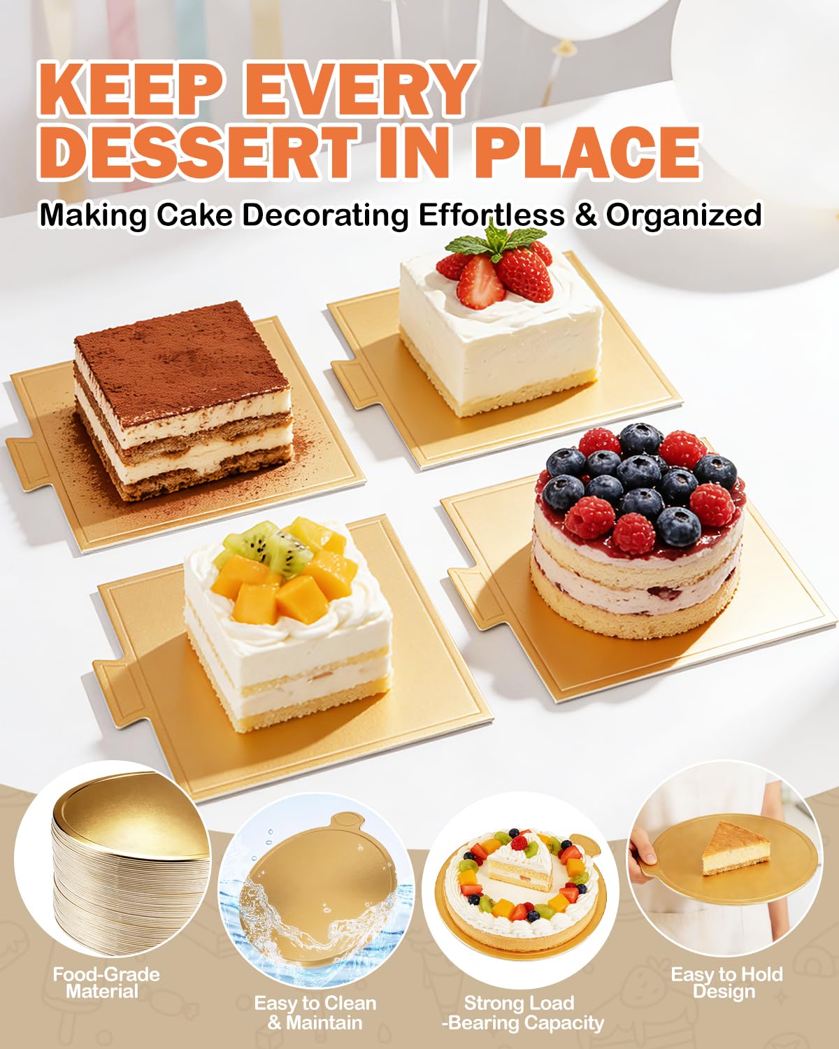 CHONNFEASTT® 120PCS Mini Gold Cake Boards with Tab – 3.5" Round & Square Dessert Bases Para Postres – Grease-Proof Cardboard Flan Plates for Party Mousse Cakes, Cupcakes, Petit Fours, Bakeries, Pastry