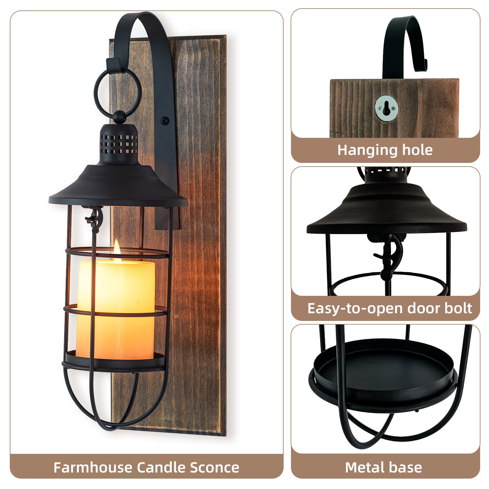 Staymoment Wall Sconces Candle Holder: Set of 2 Farmhouse Wall Lantern Decor Wood Brown Decorations Indoor for Living Room Front Door Porch