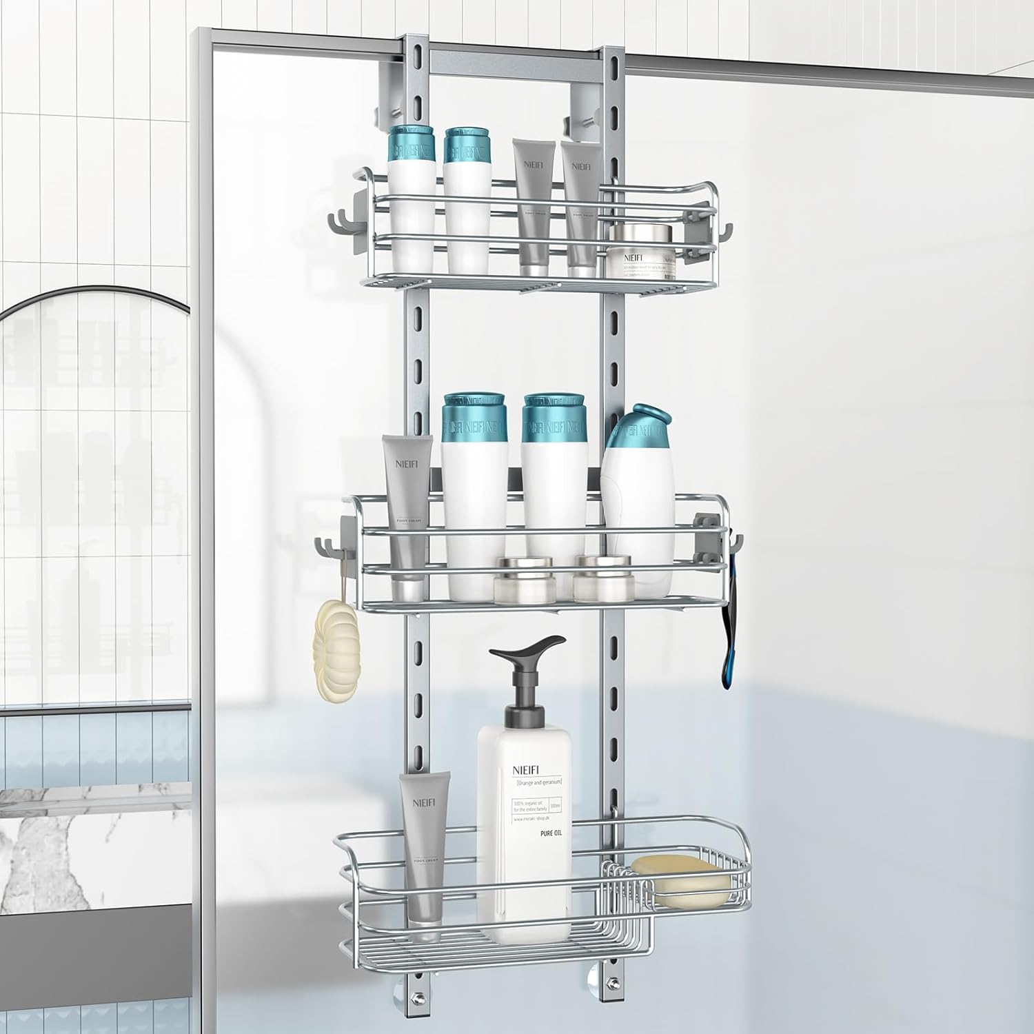 Nieifi Over The Door Shower Caddy - Adjustable Bathroom Organizer Rack | Extra Large Silver Shelf