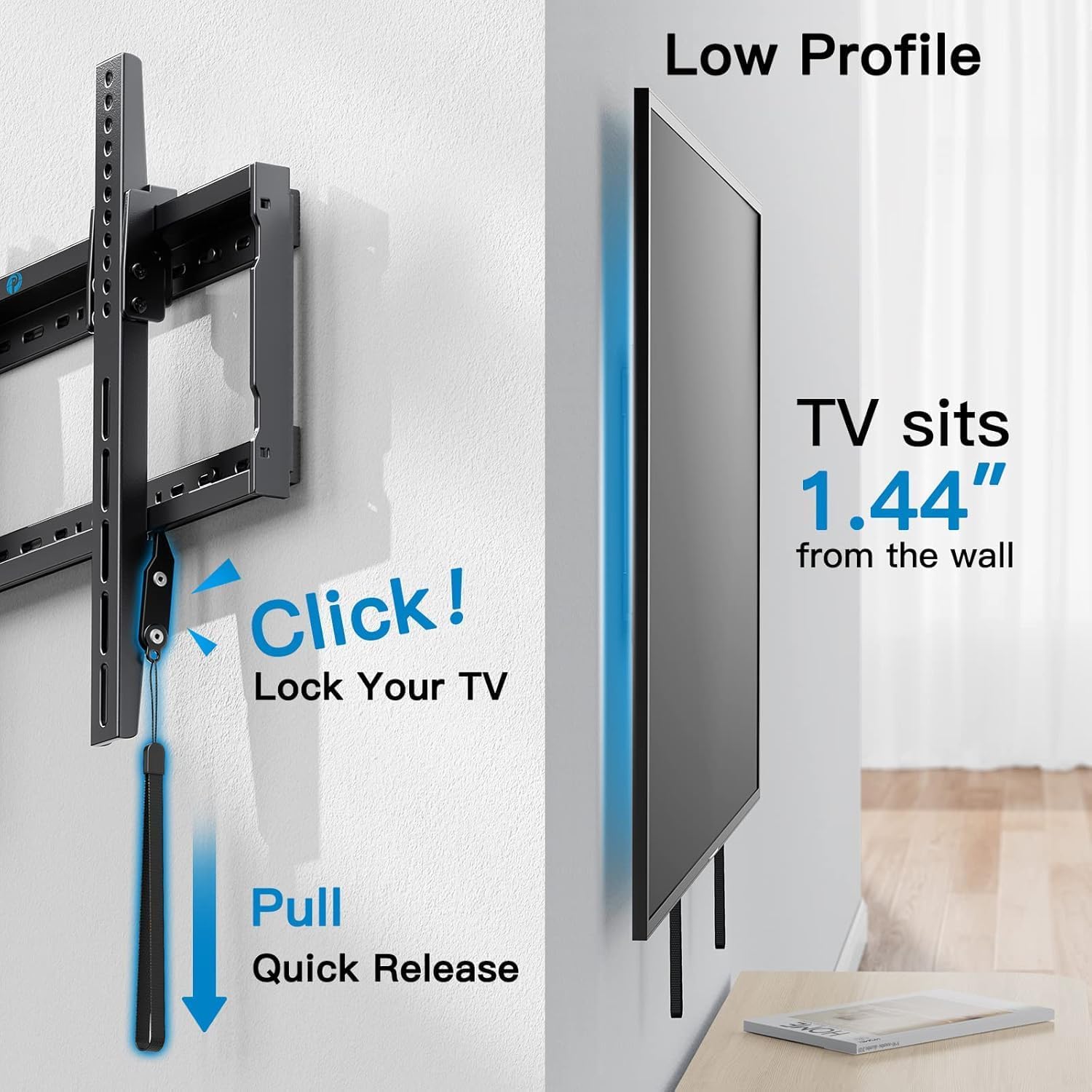 Pipishell Tilt TV Wall Mount Bracket - Low Profile for 37-90 Inch TVs | Fits 16"-24" Wood Studs, Max VESA 600x400mm, Holds Up to 132lbs